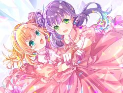 Rule 34 | 2girls, :d, absurdres, aqua eyes, cerise bouquet, commentary request, criss-cross halter, crossed bangs, dress, dutch angle, flower hairband, frilled dress, frilled gloves, frills, gloves, green eyes, hair bun, halter dress, halterneck, highres, hinoshita kaho, holding hands, index finger raised, interlocked fingers, link! like! love live!, long hair, looking at viewer, love live!, medium hair, multiple girls, neck ribbon, official alternate costume, open mouth, orange hair, otomune kozue, pink dress, pink gloves, pink ribbon, puffy short sleeves, puffy sleeves, purple hair, reflection in the mirror (love live!), ribbon, sakari (pear 8 ll), short sleeves, side ponytail, sidelocks, single side bun, smile, split mouth, two side up, virtual youtuber