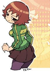 1girl black_eyes breasts closed_mouth commentary flipped_hair freckles frown green_jacket highres jacket kim_pine medium_breasts pantyhose pleated_skirt red_hair scott_pilgrim_(series) scott_pilgrim_takes_off short_hair simple_background skirt solo tetsu_(teppei) white_background zoom_layer