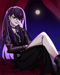 1girl black_boots black_dress black_jacket blue_background boots collar collarbone crossed_legs dress ear_piercing earrings female_focus glasses hand_up jacket jewelry legs long_hair long_sleeves looking_at_viewer moon night night_sky open_mouth piercing purple_hair red_eyes shizuhara_hiruko simple_background sitting sky solo solo_focus the_hundred_line_-last_defense_academy-