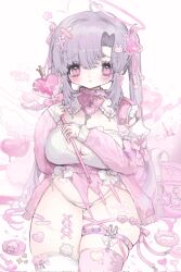 1girl angel_wings bag bandaid bandaid_on_hand bandaid_on_head bandaid_on_leg bare_shoulders blush bow breasts candy chocolate choker cleavage closed_mouth collar crossed_bandaids curvy flower food frills garter_straps hair_bow hair_ornament hairclip halo heart heart_wand highres holding holding_wand large_breasts lollipop long_hair long_sleeves looking_at_viewer magical_girl mini_wings navel neck_ribbon original panties parted_lips pink_bow pink_eyes pink_ribbon pink_theme puffy_sleeves purple_eyes purple_hair ribbon shishamosama shoulder_bag sitting skindentation sleeves_past_wrists solo spiked_collar spikes striped_background striped_bow tail tearing_up tears thigh_strap thighhighs thighs thong twintails underwear very_long_hair wand white_flower wings yami_kawaii