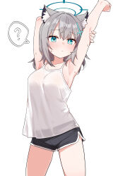 1girl absurdres alternate_costume animal_ear_fluff animal_ears arm_behind_head armpits arms_up bare_arms black_shorts blue_archive blue_eyes blush closed_mouth cross_hair_ornament grey_hair hair_between_eyes hair_ornament highres holding_own_arm long_hair looking_at_viewer saho_4545 shiroko_(blue_archive) short_shorts shorts sidelocks solo sweatdrop tank_top white_tank_top wolf_ears wolf_girl