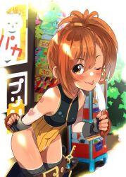 1girl black_gloves black_leotard blush breasts commentary_request cowboy_shot fingerless_gloves gloves ito_ryo leaning_forward leotard looking_at_viewer misogi_(princess_connect!) orange_eyes orange_hair orange_leotard princess_connect! short_hair side_ponytail small_breasts standing tan tanline tongue tongue_out