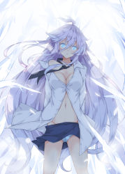 1girl ahoge black_necktie blue_eyes blue_panties blue_skirt breasts cameltoe cleavage collarbone commentary_request dress_shirt female_focus fuyou-chan groin hair_between_eyes head_tilt ice long_hair looking_at_viewer medium_breasts milkpanda navel necktie original panties parted_lips partially_unbuttoned purple_hair shirt skirt solo standing underwear very_long_hair white_shirt