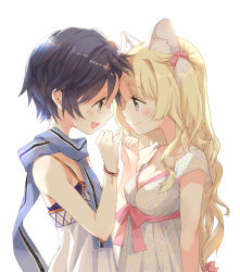 2girls animal_ears bare_shoulders black_hair blonde_hair bokura_wa_minna_ikiteiru! bokura_wa_minna_ikiteru breasts cat_ears cleavage dress eye_contact long_hair looking_at_another multiple_girls nekomiya_miu ooga_miko original pinky_swear profile scarf short_hair smile tiv upper_body