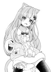 1girl :3 :d absurdres animal_ear_fluff animal_ears bell blush bow bowtie cat_ears cat_girl cat_tail collarbone fang greyscale hair_bow highres jingle_bell kuroinu_youhei long_hair long_sleeves looking_at_viewer milk_re_(vrchat) monochrome neck_bell open_mouth pajamas pom_pom_(clothes) simple_background sitting smile solo tail thighhighs vrchat white_background