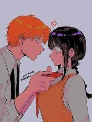1boy 1girl aged_up black_hair braid chainsaw_man collared_shirt denji_(chainsaw_man) gaganbo_(shuuu85372871) grey_background highres long_hair nayuta_(chainsaw_man) necktie orange_hair orange_sweater_vest red_necktie school_uniform shirt short_hair simple_background single_braid star_(symbol) sweater_vest tying_necktie white_shirt yellow_eyes