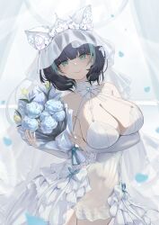 1girl absurdres annasui_factory aqua_eyes aqua_hair aqua_streaks arm_under_breasts azur_lane bare_shoulders black_hair blue_flower bouquet breasts bridal_veil cheshire_(azur_lane) cheshire_(white_seaside_melody)_(azur_lane) cleavage closed_mouth commentary covered_navel dress elbow_gloves flower frilled_dress frills gloves highres holding holding_bouquet large_breasts looking_at_viewer multicolored_hair official_alternate_costume showgirl_skirt smile socks solo streaked_hair thighs tiara veil white_dress white_flower white_gloves white_socks white_veil