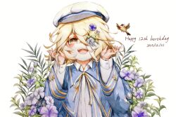 1boy anniversary bandage_over_one_eye bandages billie_x bird blonde_hair blue_capelet blue_jacket capelet english_text engrish_text flower grey_flower happy_birthday hat jacket leaf male_focus messy_hair oliver_(vocaloid) one_eye_covered open_mouth purple_flower ranguage ribbon sailor_hat short_hair simple_background teeth vocaloid white_background yellow_eyes yellow_ribbon