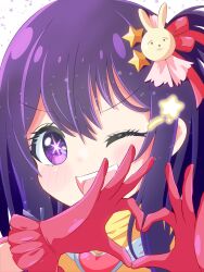 1girl absurdres beenyan_1203 dress frilled_gloves frills gloves hair_ornament heart heart_hands highres hoshino_ai idol_clothes one_eye_closed oshi_no_ko pink_dress pink_gloves purple_eyes purple_hair rabbit_hair_ornament solo star-shaped_pupils star_(symbol) star_hair_ornament star_in_eye symbol-shaped_pupils symbol_in_eye turtleneck turtleneck_dress