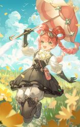 1girl :d absurdres ace_attorney arm_up bag belt belt_buckle bird black_belt black_boots black_gloves black_ribbon black_skirt bloomers blue_sky boots bow bow-shaped_hair bowtie bubble_skirt buckle buttons child cloud cloudy_sky cumulonimbus_cloud day drill_hair elbow_gloves falling_petals field floating_hair flower flower_symbol frilled_gloves frilled_shirt frilled_shirt_collar frilled_skirt frills full_body gloves goggles goggles_on_head grass green_eyes hair_rings heart heart-shaped_hair highres holding holding_umbrella iris_wilson jumping knees_up long_hair looking_at_viewer open_mouth outdoors outstretched_arm parasol petals pink_bag pink_hair pink_umbrella puffy_short_sleeves puffy_sleeves ribbon shirt short_sleeves shoulder_bag shoulder_belt skirt sky smile solo teeth the_great_ace_attorney thigh_boots twin_drills twintails umbrella umbrella_bow underwear upper_teeth_only white_bloomers white_shirt wind yashio_shiro yellow_bow yellow_bowtie yellow_flower yellow_petals