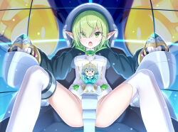2girls absurdres aoi_(pilot)_(princess_connect!) aoi_(princess_connect!) bodysuit breasts clothing_cutout clover_ornament cockpit controller convenient_censoring croce_(princess_connect!) elf gem gplnbeat green_eyes green_gemstone green_hair green_sleeves hair_over_one_eye highres joystick mecha_pilot_suit medium_hair multiple_girls open_mouth pointy_ears princess_connect! sitting spread_legs thigh_cutout white_bodysuit