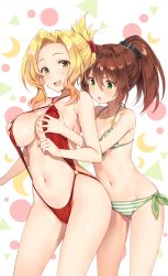 Rule 34 | 2girls, absurdres, bikini, blonde hair, blush, breasts, brown hair, green bikini, green eyes, groping, hair ornament, highres, kono subarashii sekai ni shukufuku wo!, large breasts, lean (konosuba), luna (konosuba), multiple girls, navel, official art, open mouth, ponytail, side-tie bikini bottom, slingshot swimsuit, small breasts, smile, swimsuit, yellow eyes, yuuki hagure
