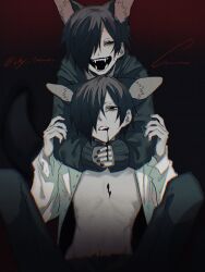 Rule 34 | 2boys, animal ears, bags under eyes, black background, black hair, bleeding, blood, blood from mouth, blood on chest, blood on hands, chino (sky tanosi), clone, closed eyes, commentary request, dog boy, dog ears, fangs, gradient background, hair over one eye, highres, hug, hug from behind, jacket, knees up, male focus, multiple boys, open clothes, open shirt, original, parted lips, red background, sharp teeth, short hair, simple background, sitting, skinny, teeth
