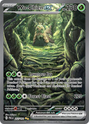 animal_focus artist_name card_(medium) character_name company_name copyright_name copyright_notice english_text full_body grass leaf light_particles nintendo no_humans official_art outdoors plant plant_roots pokemon pokemon_(creature) pokemon_card pokemon_focus pokemon_tcg sunlight t@kuyoa third-party_source thorns trading_card tree vines wo-chien
