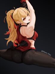 Rule 34 | 1girl, blonde hair, breasts, chromashift, elf, female focus, hag, long hair, mana (manasenshou), multicolored hair, necromancer, pointy ears, red eyes, red hair, ruby runeheart, small breasts, solo, solo focus, two-tone hair, virtual youtuber, vtuber fanart, witch