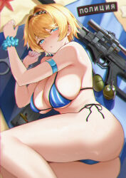 1girl absurdres alternate_costume arm_strap ass bare_shoulders beach bikini blonde_hair blue_bikini blue_eyes blue_scrunchie blush bullet commentary_request cuffs explosive girls&#039;_frontline girls&#039;_frontline_2:_exilium grenade hair_between_eyes handcuffs highres looking_at_viewer lord-erica lying magazine_(weapon) nikketa_(girls&#039;_frontline_2) on_side russian_text scrunchie short_hair side-tie_bikini_bottom skindentation solo starfish striped_bikini striped_clothes sweat swimsuit thighs translation_request vertical-striped_bikini vertical-striped_clothes vsk-94 vsk-94_(girls&#039;_frontline) wrist_scrunchie