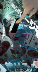 1girl 1other absurdres alternate_eye_color aqua_hair aqua_nails arm_tattoo bar_censor bare_shoulders black_boots boots building car censored commentary_request debris destruction detached_sleeves from_above glitch glowing glowing_eyes grey_shirt hair_ornament hatsune_miku headset highres holding holding_phone kamatoyu long_hair looking_at_viewer looking_up lyrics motor_vehicle necktie number_tattoo phone pink_eyes pov pov_hands shirt skirt sleeveless tattoo thighhighs tokumei_m_(vocaloid) translation_request twintails very_long_hair vocaloid