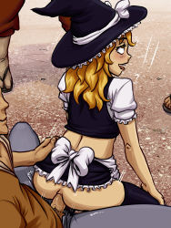 1girl 3boys ahegao anal anus apron ass audience black_thighhighs blonde_hair blush bottomless clothed_sex erection exhibitionism from_behind girl_on_top happy_sex hat highres kirisame_marisa long_hair looking_back male_pubic_hair midriff motion_lines multiple_boys outdoors penis petite pubic_hair public_indecency ragathol rolling_eyes sex shameless skirt smile solo_focus thighhighs tongue tongue_out touhou uncensored witch_hat yellow_eyes