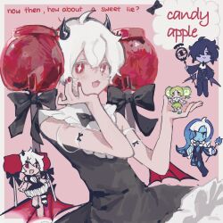 1girl 2boys apple_faerie_cookie black_sapphire_cookie blue_dress blue_skin candy_apple candy_apple_cookie candy_apple_hair_ornament colored_skin cookie_run cookie_run:_kingdom disguise dress english_text food heterochromia highres humanization long_hair looking_at_viewer multiple_boys open_mouth piemy shadow_milk_cookie shirt slit_pupils smile white_hair