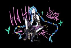 1girl arcane:_league_of_legends arcane_jinx arm_tattoo bare_shoulders black_background black_boots black_shirt blue_hair boots braid breasts choker crop_top dated full_body graffiti hair_over_one_eye highres jinx_(league_of_legends) league_of_legends long_hair midriff multi-tied_hair pale_skin pants pink_eyes shirt sitting sleeveless sleeveless_shirt small_breasts solo striped_clothes striped_pants tattoo torn_clothes torn_pants twin_braids very_long_hair windychariot