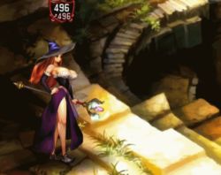1girl animated animated_gif bare_legs bare_shoulders bouncing_breasts breasts brown_hair casting cleavage curvy detached_sleeves dragon&#039;s_crown dress female_focus full_body hat hip_focus holding huge_breasts jumping lace legs long_hair long_skirt magic open_mouth outdoors shoes side_slit skirt solo witch sorceress_(dragon&#039;s_crown) staff standing thighs vanillaware wide_hips witch_hat