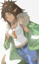 1girl absurdres belt black_belt blue_pants breasts brown_hair cleavage coat commentary cowboy_shot dark-skinned_female dark_skin denim dutch_angle fur-trimmed_coat fur_trim green_coat green_eyes green_scales highres isshun_de_chiryou_shiteita_noni_yakutatazu_to_tsuihou_sareta_tensai_chiyushi_yami_healer_toshite_tanoshiku_ikiru jeans jewelry knowname long_hair looking_at_viewer medium_breasts midriff necklace open_mouth pants pointy_ears ponytail reptile_girl scales sharp_teeth simple_background smile solo tail tank_top teeth torn_clothes torn_jeans torn_pants twitter_username white_background white_tank_top zophia_(yami_healer)