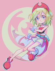 1girl absurdres anklet artist_name bare_shoulders blonde_hair blue_eyes blush bracelet closed_mouth creatures_(company) eyelashes full_body game_freak hairband highres irida_(pokemon) jewelry marukuu nintendo outline pink_background pokemon pokemon_legends:_arceus red_hairband red_shirt red_shoes shirt shoes short_hair shorts solo white_outline white_shorts