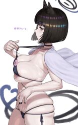 1girl absurdres animal_ears bare_shoulders bikini black_bikini black_eyes black_hair blue_archive blue_bikini breasts cat_ears cat_tail cleavage female_pubic_hair halo highres kikyou_(blue_archive) kikyou_(swimsuit)_(blue_archive) large_breasts layered_bikini looking_at_viewer maruko_tooto multiple_tails nipple_slip nipples official_alternate_costume pubic_hair pubic_hair_peek short_hair skindentation solo swimsuit tail thighs two_tails