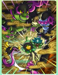 1girl 3boys :&lt; bird bread clenched_teeth closed_mouth fangs fezandipiti fine_art_parody flying food gen_9_pokemon glowing hidane_(natsume_hdn) highres holding holding_mask legendary_pokemon looking_at_another mask multiple_boys munkidori nihonga nintendo ogerpon ogerpon_(teal_mask) okidogi outdoors parody pecharunt pokemon pokemon_(creature) smile star-shaped_pupils star_(symbol) symbol-shaped_pupils teeth tongue ukiyo-e yellow_eyes