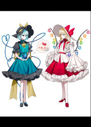 2girls :| absurdres adapted_costume aqua_eyes aqua_hair aqua_skirt aqua_vest ascot back_bow black_hat black_shoes blonde_hair blouse blunt_bangs bow brooch buttons cake closed_mouth collared_shirt commentary_request contrast_collar cosplay diamond_button flandre_scarlet flandre_scarlet_(cosplay) food frilled_shirt_collar frilled_skirt frilled_sleeves frills fruit full_body hair_between_eyes hat hat_bow heart heart_of_string heart_wings high_heels highres jewelry komeiji_koishi komeiji_koishi_(cosplay) letterboxed long_sleeves looking_at_another medium_hair multiple_girls nubezon partial_commentary puffy_short_sleeves puffy_sleeves red_bow red_eyes red_shoes red_skirt shirt shoes short_hair short_sleeves side_ponytail simple_background skirt sleeves_past_fingers sleeves_past_wrists smile speech_bubble standing strawberry strawberry_shortcake third_eye thought_bubble touhou vest white_background white_hat white_shirt wide_sleeves wings yellow_ascot yellow_bow