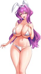 1girl :d absurdres animal_ear_hairband animal_ears areola_slip arm_at_side arm_up aroused bikini breasts cleavage clothing_cutout covered_erect_nipples derauea fake_animal_ears felaris_grimlight game_cg hairband heart heart_in_eye highres huge_breasts jewelry large_areolae light_blush long_hair long_sidelocks looking_at_viewer mature_female micro_bikini motto!_haramase!_honoo_no_oppai_isekai_oppai_bunny_gakuen! navel non-web_source nontraditional_playboy_bunny official_art open_mouth pink_eyes purple_hair rabbit_ear_hairband rabbit_ears ring saliva sidelocks skindentation smile solo standing sweat swimsuit symbol_in_eye tachi-e transparent_background wavy_hair wedding_ring white_bikini white_hairband