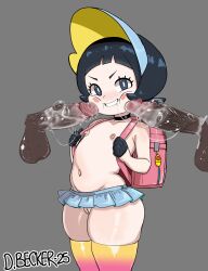 1girl 2boys after_fellatio artist_name backpack bag black_eyes black_gloves black_hair blush blush_stickers choker cowboy_shot dark-skinned_male dark_skin dated dimitri_becker disembodied_penis flat_chest functionally_nude gloves grey_background grin half_gloves hetero loli looking_at_viewer matching_hair/eyes microskirt multiple_boys navel nintendo nipples no_panties penis penis_on_face pokemon pokemon_sv poppy_(pokemon) pussy randoseru saliva saliva_trail short_hair simple_background size_difference skirt smile standing striped_clothes striped_thighhighs thighhighs topless_female uncensored