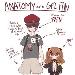 1boy 1girl :3 absurdres anatomy_of_a_gamer_(meme) arms_at_sides arrow_(symbol) beret black_hair black_jacket black_skirt blush_stickers brown_hair brown_pants cargo_pants character_name closed_mouth commander_(girls&#039;_frontline) cowboy_shot crying english_text girls&#039;_frontline grey_shirt hat height_difference highres jacket long_hair long_sleeves looking_at_viewer m200_(girls&#039;_frontline) meme microskirt open_clothes open_jacket pants pantyhose pleated_skirt pointing_out_the_details profanity red_hat shaded_face shirt short_hair short_sleeves side-by-side simple_background skirt smart_oval smile standing straight-on streaming_tears t-shirt tears twintails ump9_(girls&#039;_frontline) white_background