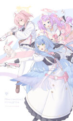 3girls absurdres assault_rifle black_skirt blue_archive blue_eyes blue_hair blush boots braid brown_boots bullpup character_name closed_mouth commentary_request dress english_text feathered_wings gloves green_eyes gun hair_between_eyes hanae_(blue_archive) hat highres holding holding_gun holding_weapon l85 lever_action long_hair mine_(blue_archive) multiple_girls nurse nurse_cap one_side_up open_mouth pantyhose pink_eyes pink_hair pink_shirt purple_hair rifle sailor_collar serina_(blue_archive) shirt shotgun sidelocks skirt tamagore teeth twin_braids twintails upper_teeth_only weapon white_dress white_gloves white_hat white_pantyhose white_sailor_collar white_shirt winchester_model_1887 wings