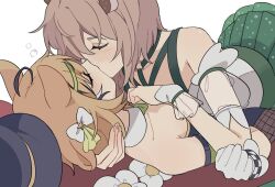 2girls addendium animal_ears blonde_hair blue_leotard brown_hair closed_eyes dooby_(vtuber) dress fishnet_pantyhose fishnets frilled_wrist_cuffs frills gloves green_dress hair_ribbon hat indie_virtual_youtuber kiss leotard mouse_ears mouse_girl multiple_girls nimi_nightmare official_alternate_costume pantyhose ribbon short_hair simple_background tapir_ears tapir_girl two-tone_dress unworn_hat unworn_headwear virtual_youtuber white_background white_dress white_gloves wrist_cuffs yuri