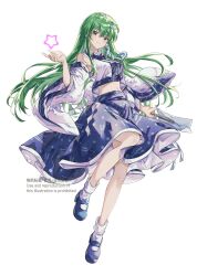 1girl bare_shoulders blue_shoes blue_skirt blush breasts closed_mouth collared_shirt detached_sleeves dot_nose double-parted_bangs frog_hair_ornament full_body gohei green_eyes green_hair hair_intakes hair_ornament hair_tubes highres holding holding_gohei kochiya_sanae large_breasts loafers long_hair long_sleeves looking_at_viewer midriff nanop38 navel patterned_clothing print_skirt shide shirt shoes simple_background single_hair_tube single_sidelock skirt skirt_set sleeveless sleeveless_shirt snake_hair_ornament socks solo star_(symbol) touhou very_long_hair watermark white_background white_socks wide_sleeves wing_collar