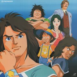 1970s_(style) 1girl 5boys absurdres black_hair brown_hair casual crossed_arms facial_hair gatchaman glasses green_hair highres jinpei_the_swallow joe_the_condor jun_the_swan ken_the_eagle lipstick long_hair looking_at_viewer makeup medium_hair multiple_boys mustache nanbu_kouzaburou official_art oldschool print_shirt ryu_the_owl scan shaded_face shirt short_hair smile tatsunoko_production