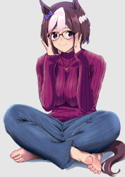 Rule 34 | 1girl, animal ears, barefoot, blue pants, blush, bow, breasts, brown hair, brown tail, closed mouth, denim, feet, full body, glasses, grey background, hair between eyes, hair bow, hair ornament, hair ribbon, hakase yurisuki, hands up, highres, horse ears, horse girl, horse tail, impossible clothes, impossible shirt, indian style, jeans, jewelry, large breasts, long sleeves, looking at viewer, multicolored hair, necklace, pants, purple bow, purple eyes, purple ribbon, purple sweater, ribbed sweater, ribbon, round eyewear, shirt, short hair, simple background, sitting, smile, soles, solo, special week (umamusume), streaked hair, sweater, tail, toenails, toes, turtleneck, umamusume, white hair