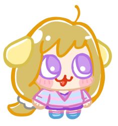 Rule 34 | 1girl, :3, ahoge, animal ears, bemani, bkub, blue shirt, blue shoes, blush stickers, brown hair, chibi, chibi only, dog ears, fang, full body, hair ornament, hair scrunchie, leg warmers, long hair, long sleeves, looking up, low-tied long hair, multicolored shirt, open mouth, pink leg warmers, pink shirt, pochiko (pop&#039;n music), pop&#039;n music, purple eyes, purple shirt, purple shorts, scrunchie, shirt, shoes, shorts, simple background, solo, striped clothes, striped shirt, very long hair, white background, white scrunchie
