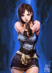 1girl absurdres aiming black_gloves black_skirt blue_eyes blue_tube_top brown_hair clothes_around_waist fingerless_gloves gloves gun handgun highres holding holding_gun holding_weapon jill_valentine miniskirt resident_evil resident_evil_3:_nemesis short_hair signature sitegg skirt strapless sweater sweater_around_waist tube_top weapon