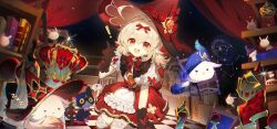 ! 1girl ahoge alice_(genshin_impact) black_cape blonde_hair bow bowtie brown_gloves cape commentary dodoco_(genshin_impact) gem genshin_impact gloves hair_between_eyes hair_ribbon hat hat_bow high-waist_skirt highres klee_(blossoming_starlight)_(genshin_impact) klee_(genshin_impact) kneeling long_hair looking_at_viewer official_alternate_costume open_mouth pointy_ears pyro_symbol_(genshin_impact) qianqianjie red_bow red_bowtie red_eyes red_gemstone red_hat red_ribbon red_skirt ribbon shirt short_sleeves skirt thighhighs vision_(genshin_impact) white_shirt white_thighhighs witch_hat zzz