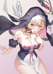 Rule 34 | 1girl, arm support, bare shoulders, blonde hair, blush, bodice, breasts, center-flap bangs, cleavage, coif, detached collar, detached sleeves, detached wings, finger to mouth, highres, indie virtual youtuber, invisible chair, looking at viewer, medium breasts, mini wings, mole, mole on breast, nun, ophanim halo, pelvic curtain, pink eyes, puffy detached sleeves, puffy sleeves, second-party source, sitting, skirt, solo, suko (vtuber), virtual youtuber, white skirt, white wings, wings, yin lan xue