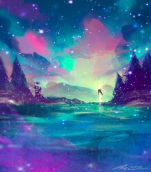 1girl blue_clouds brown_hair dress faceless forest glowing lake long_hair multicolored_sky nature original painterly pastel_colors pink_clouds reflection reflective_water saturated sky sparkle white_dress zandra
