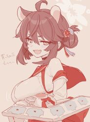 Rule 34 | 1girl, ahoge, animal ears, blue archive, breasts, choker, detached sleeves, duel disk, fang, fight yoghurt, hair bun, imageboard colors, kaede (blue archive), large breasts, skin fang, smug, yu-gi-oh!