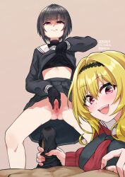 1boy 2girls :d black_bra black_eyes black_gloves black_hair black_hairband black_panties black_serafuku black_skirt blonde_hair blur_censor bra brown_background censored closed_mouth commentary_request dated gloves gluteal_fold gojarun hairband handjob highres idolmaster idolmaster_cinderella_girls kurosaki_chitose looking_at_viewer medium_hair multiple_girls neckerchief open_mouth panties penis pink_eyes pov pussy red_neckerchief school_uniform serafuku shirayuki_chiyo short_hair simple_background skirt smile spread_pussy spreading_own_pussy teeth twintails underwear upper_teeth_only