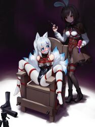 2girls amadeus_frost animal_ear_fluff animal_ears arms_behind_back bare_shoulders bdsm black_choker black_leotard black_pantyhose blue_eyes blue_hair bondage boots bound breast_bondage breasts brown_hair chair choker covered_navel crotch_rope fox_ears fox_tail frilled_skirt frills gag gagged heattech_leotard high-waist_skirt holding holding_syringe improvised_gag leotard long_hair looking_at_another medium_hair multicolored_hair multiple_girls on_chair original pantyhose rabbit_ears red_eyes restrained separated_legs sex_toy shibari shirt skin_tight skirt small_breasts streaked_hair syringe tail tape tape_gag turtleneck unworn_boots very_long_hair vibrator white_hair white_pantyhose white_shirt