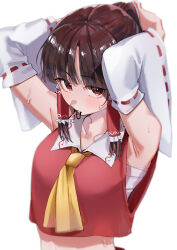 Rule 34 | 1girl, absurdres, armpits, arms up, ascot, blush, breasts, brown eyes, brown hair, chest sarashi, collarbone, commentary request, detached sleeves, frilled hair tubes, frills, hair tie in mouth, hair tubes, hakurei reimu, highres, long hair, looking at viewer, midriff, mouth hold, navel, otsu hai18, ribbon-trimmed sleeves, ribbon trim, sarashi, solo, sweat, touhou, tying hair, yellow ascot