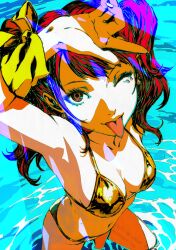absurdres armband arms_up between_legs bikini breasts brown_eyes earrings gold_bikini hand_between_legs highres jewelry kujikawa_rise ocean oeilvert_fft one_eye_closed persona persona_4 short_twintails swimsuit tongue tongue_out twintails water yellow_armband