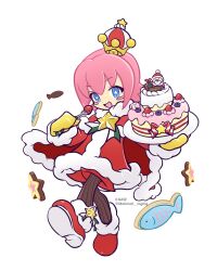 1boy alternate_costume arched_crown artist_name black_pantyhose blue_eyes blueberry blush_stickers boots box cake cape christmas coat commentary crown fish food fork fruit full_body fur-trimmed_boots fur-trimmed_cape fur-trimmed_coat fur_trim gift gift_box highres holding holding_fork holding_plate icing looking_at_viewer male_focus mini_crown mittens motimoti_mgmg ocean_prince open_mouth pantyhose parody pink_hair plate puyopuyo puyopuyo_fever_2 red_boots red_cape red_coat red_ribbon red_shorts ribbon salde_canarl_shellbrick_iii santa_claus santa_costume short_hair shorts sign smile solo sparkling_eyes star_(symbol) strawberry striped_clothes striped_pantyhose style_parody tachi-e twitter_username vertical-striped_clothes vertical-striped_pantyhose yellow_mittens