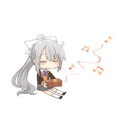 1girl beamed_eighth_notes black_jacket black_shoes blazer blush_stickers bow brown_sweater chibi closed_eyes closed_mouth collared_shirt eighth_note full_body grey_hair grey_skirt hair_bow hair_ornament hairclip higuchi_kaede higuchi_kaede_(1st_costume) holding jacket long_hair musical_note necktie nijisanji open_clothes open_jacket pleated_skirt ponytail purple_necktie rebecca_(keinelove) shirt shoes simple_background sitting skirt socks solo sweater very_long_hair virtual_youtuber white_background white_bow white_shirt white_socks